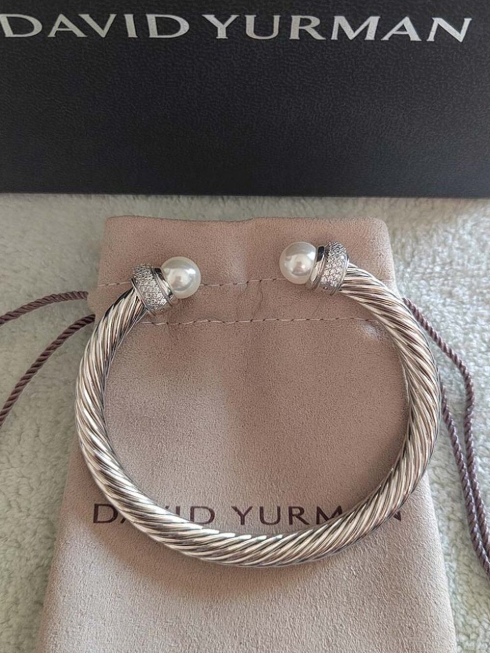 Sterling Silver Cable Classics Cuff Bracelet with Pearl & Pavé Diamond Ends